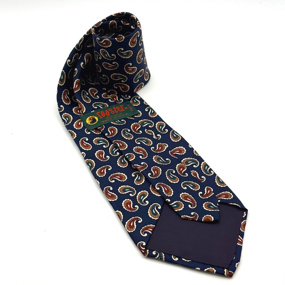 Rooster Mens Silk Tie Navy Blue Paisley Pattern Made in USA 3.75 Inch Width - Picture 4 of 10